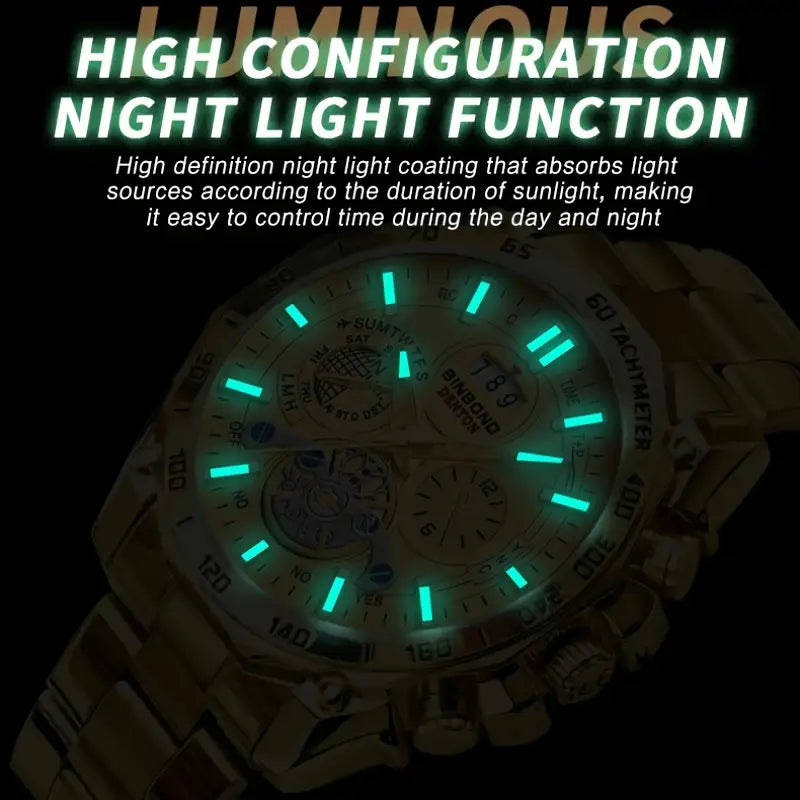 Men'S Stainless Steel Round Dial Quartz Watch with Calendar, Waterproof, Night Vision, and Date Display - Casual Style, Golden, Casual Watch|Stainless Steel Strap|Quartz Movement