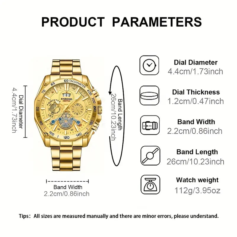 Men'S Stainless Steel Round Dial Quartz Watch with Calendar, Waterproof, Night Vision, and Date Display - Casual Style, Golden, Casual Watch|Stainless Steel Strap|Quartz Movement