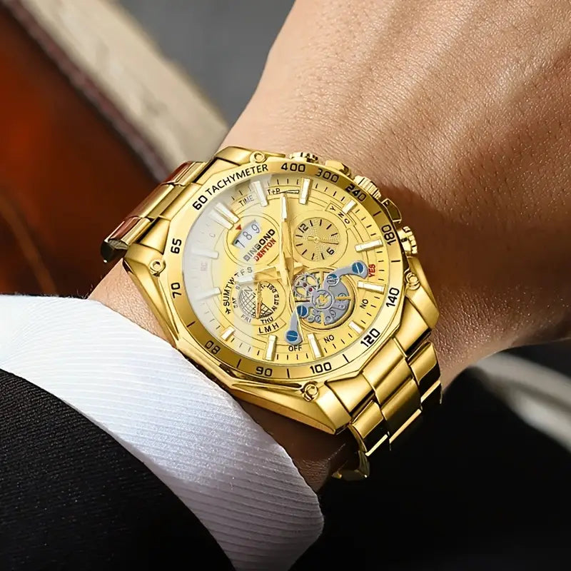 Men'S Stainless Steel Round Dial Quartz Watch with Calendar, Waterproof, Night Vision, and Date Display - Casual Style, Golden, Casual Watch|Stainless Steel Strap|Quartz Movement