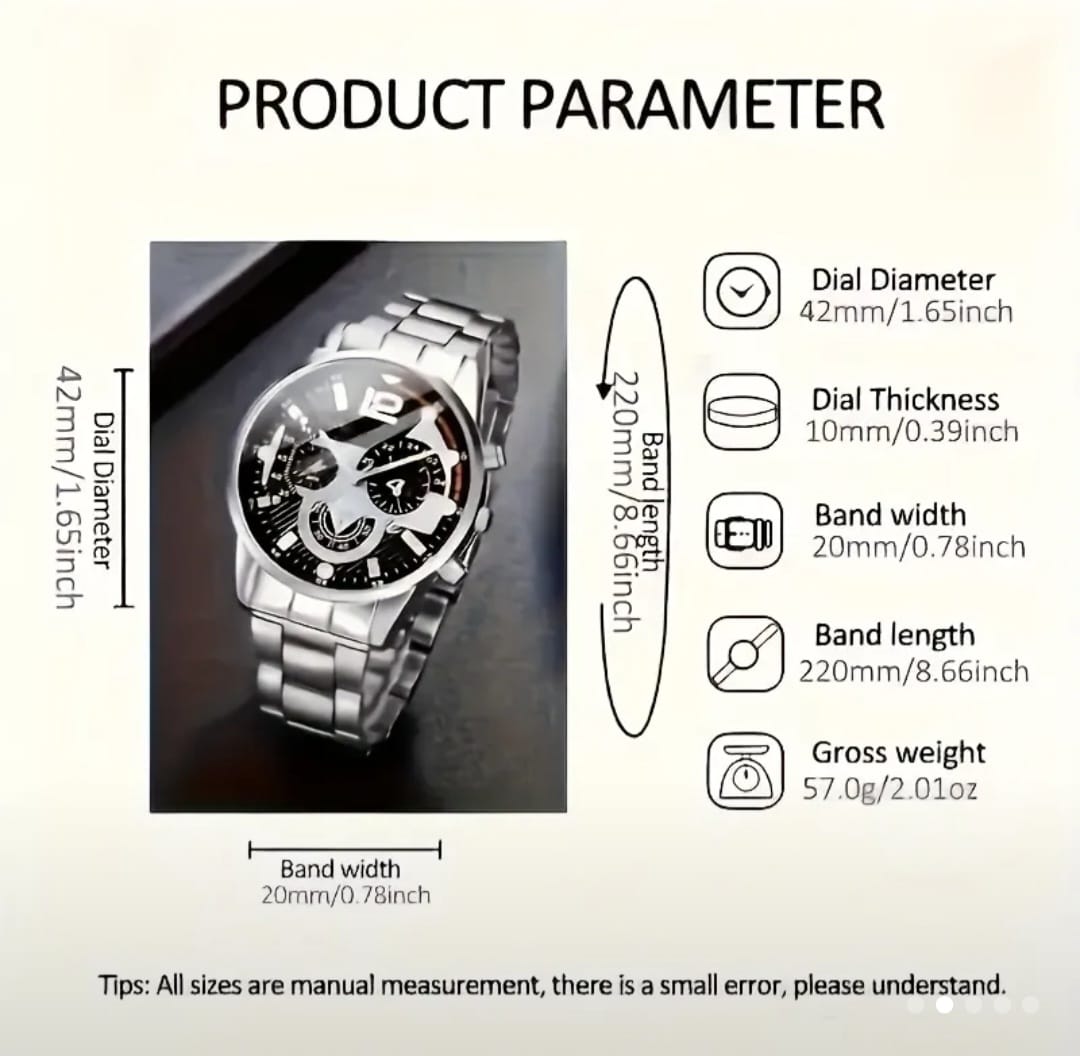 4PCS Men's Quartz Watch & Jewelry Set – Sports Style Wristwatch with Chain Necklace, Bracelet & Cross Pendant