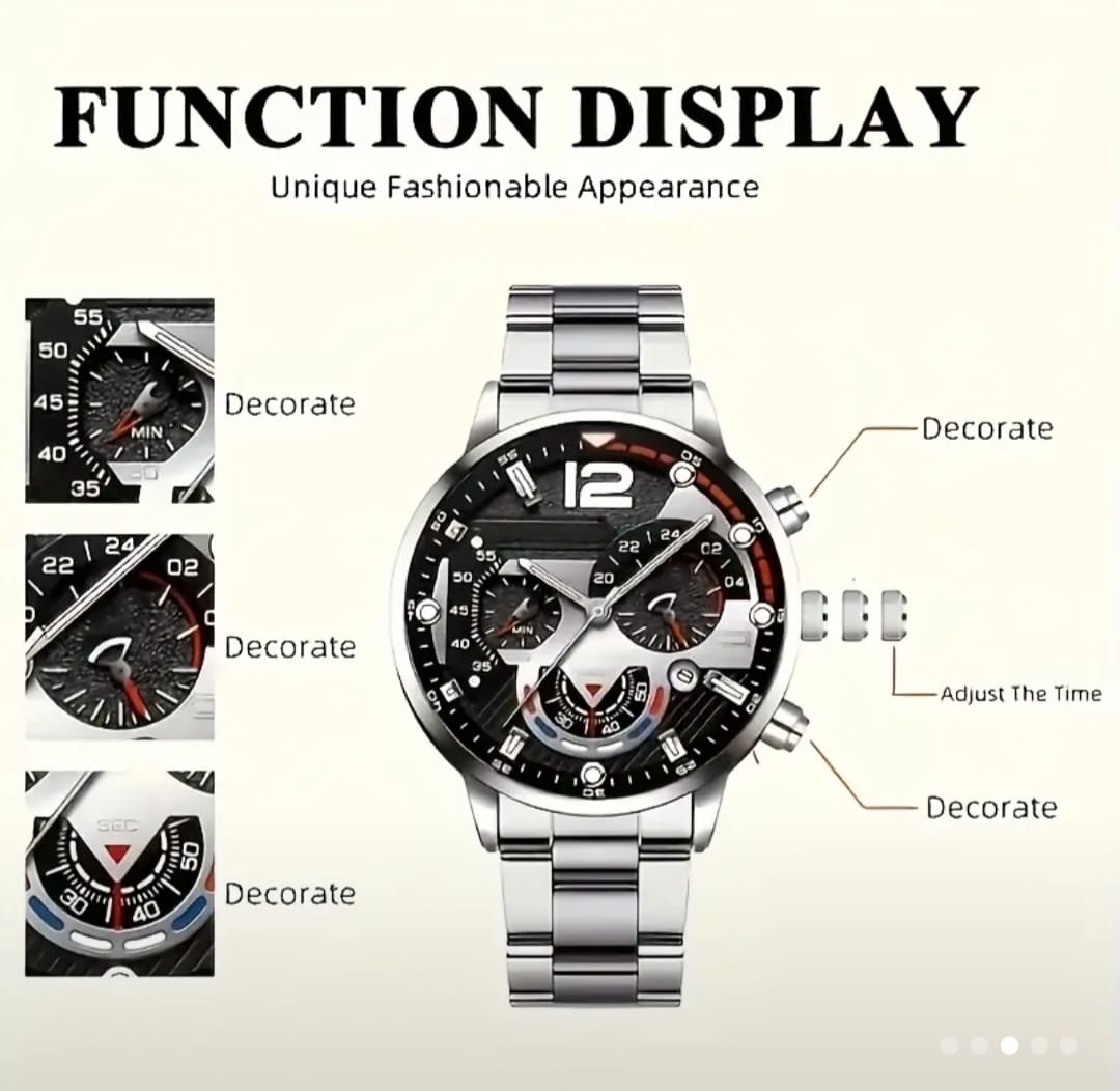 4PCS Men's Quartz Watch & Jewelry Set – Sports Style Wristwatch with Chain Necklace, Bracelet & Cross Pendant