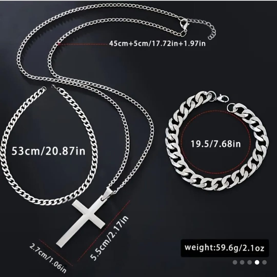 4PCS Men's Quartz Watch & Jewelry Set – Sports Style Wristwatch with Chain Necklace, Bracelet & Cross Pendant
