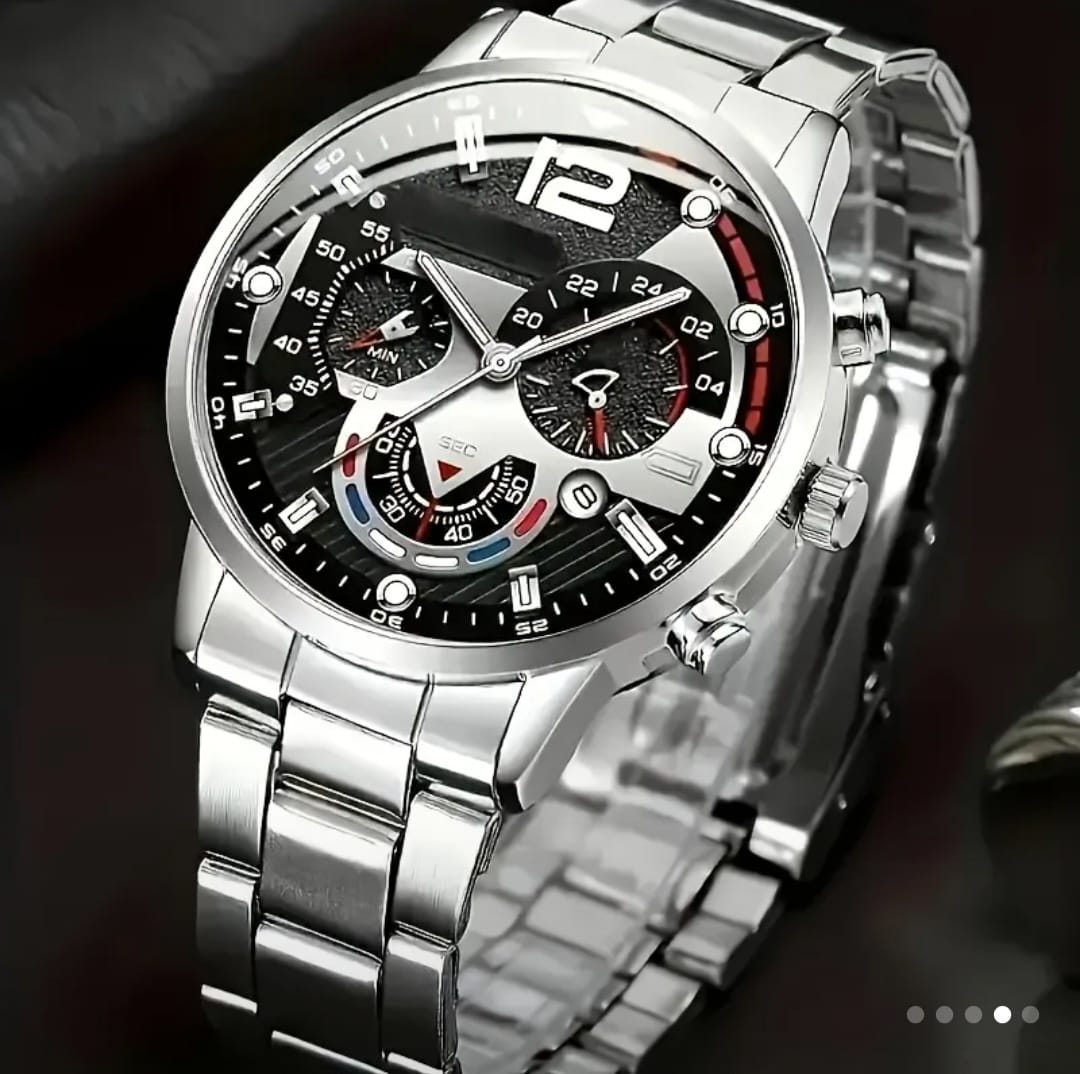 4PCS Men's Quartz Watch & Jewelry Set – Sports Style Wristwatch with Chain Necklace, Bracelet & Cross Pendant