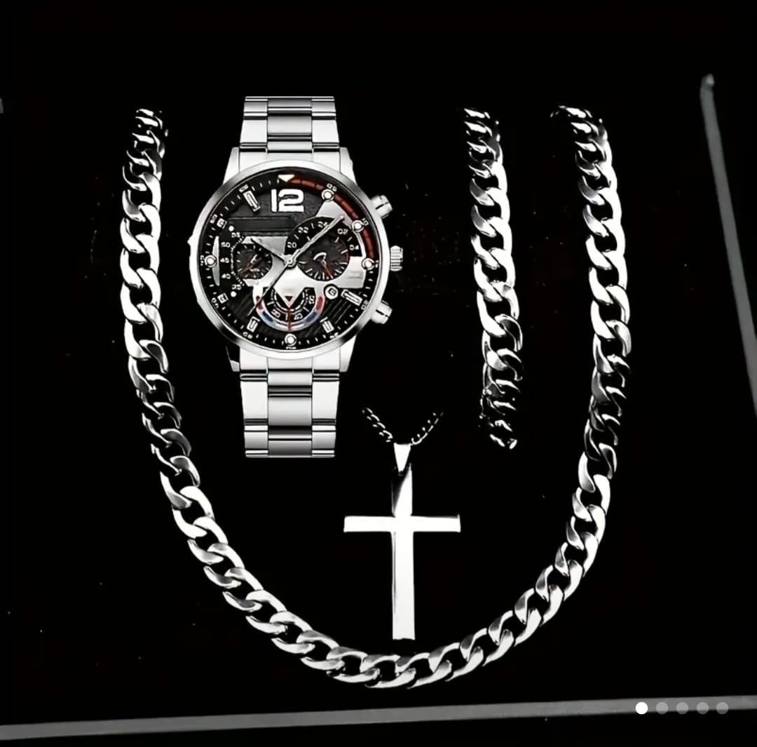 4PCS Men's Quartz Watch & Jewelry Set – Sports Style Wristwatch with Chain Necklace, Bracelet & Cross Pendant