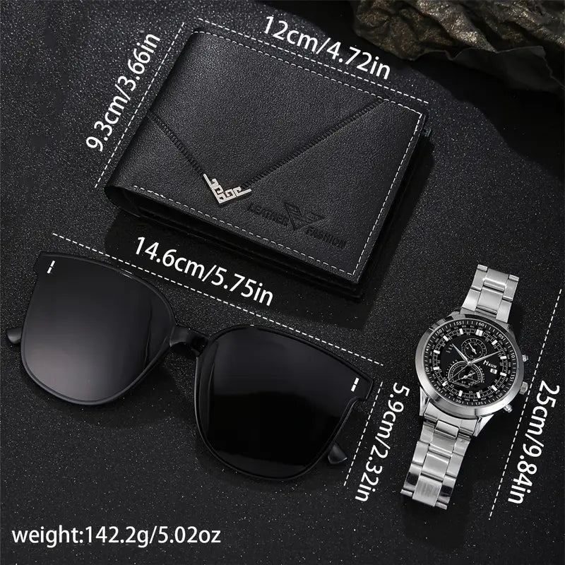 3PCS Men's Business & Sports Gift Set – Quartz Watch, Leather Wallet & Fashion Sunglasses