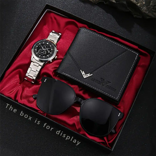 3PCS Men's Business & Sports Gift Set – Quartz Watch, Leather Wallet & Fashion Sunglasses