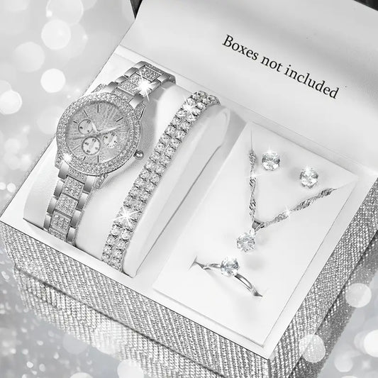 7pcs Women's Watch Set - Stylish Casual Quartz Wristwatch with Necklace, Bracelet, Ring, and Earrings Jewelry Set, Ideal for Birthday, Christmas, and New Year Gifts
