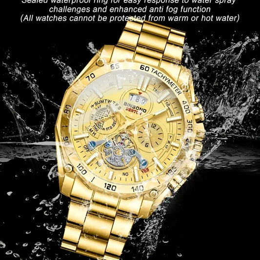 Men'S Stainless Steel Round Dial Quartz Watch with Calendar, Waterproof, Night Vision, and Date Display - Casual Style,&nbsp; Golden, Casual Watch|Stainless Steel Strap|Quartz Movement