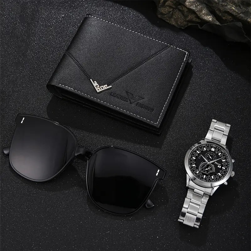 3PCS Men's Business & Sports Gift Set – Quartz Watch, Leather Wallet & Fashion Sunglasses